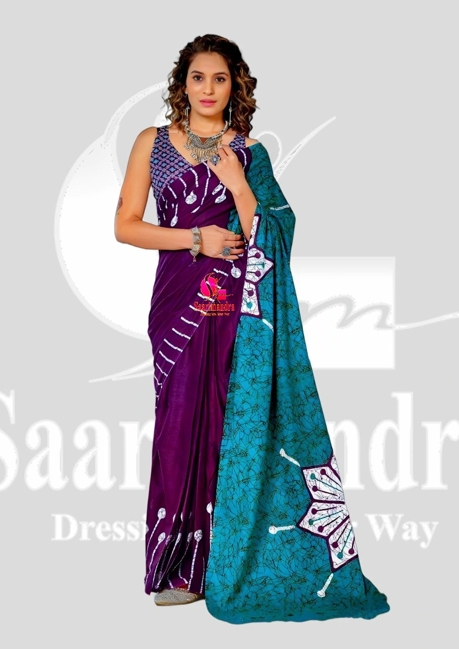 Batik Indian Premium Elegant Purple & Teal Green Dual-Tone Printed Batik Cotton Saree